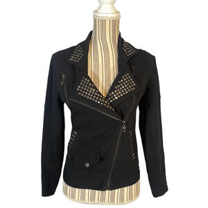 BCBGMaxAzria Black Moto Jacket Women Embellished Logo Full Zip Long Sleeve Sz MP